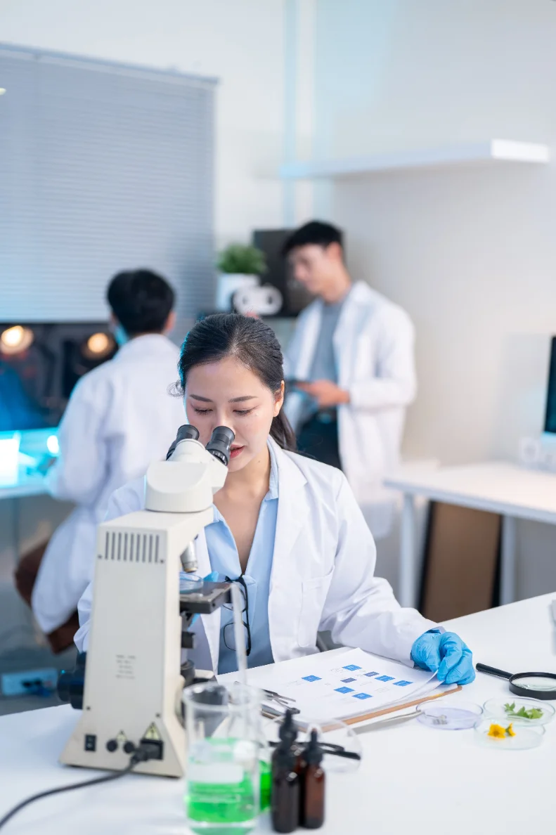 Friendly lab staff with patient